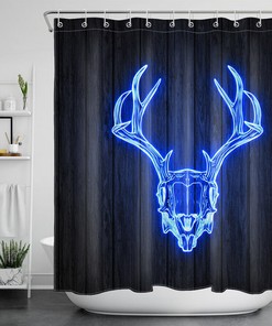 Rustic LED-Illuminated Deer Head Wooden Board Shower Curtain for Bathroom Decor