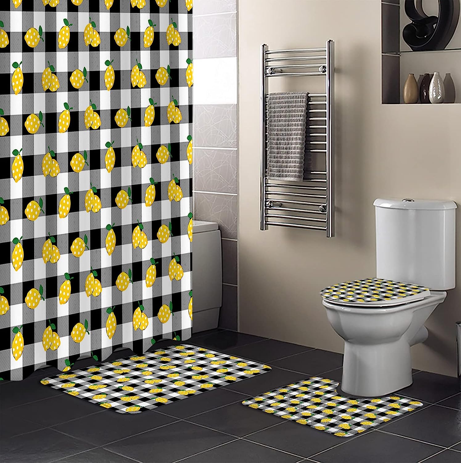 Rustic Lemon on Buffalo Plaid Print Shower Curtain