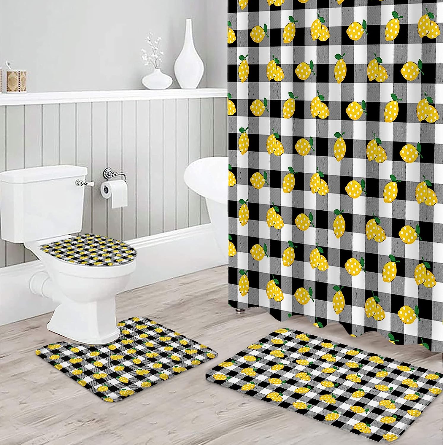 Rustic Lemon on Buffalo Plaid Print Shower Curtain