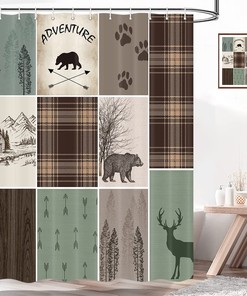 Rustic Lodge Bear Deer Hunting Shower Curtain With Plaid Check Adventure For Your Camping Bathroom