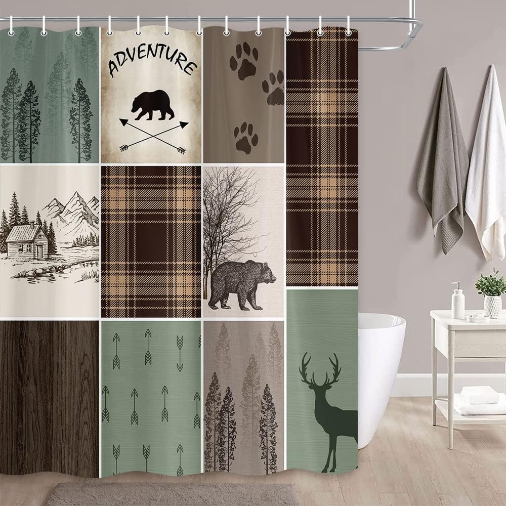 Rustic Lodge Bear Deer Hunting Shower Curtain With Plaid Check Adventure For Your Camping Bathroom - Image 2