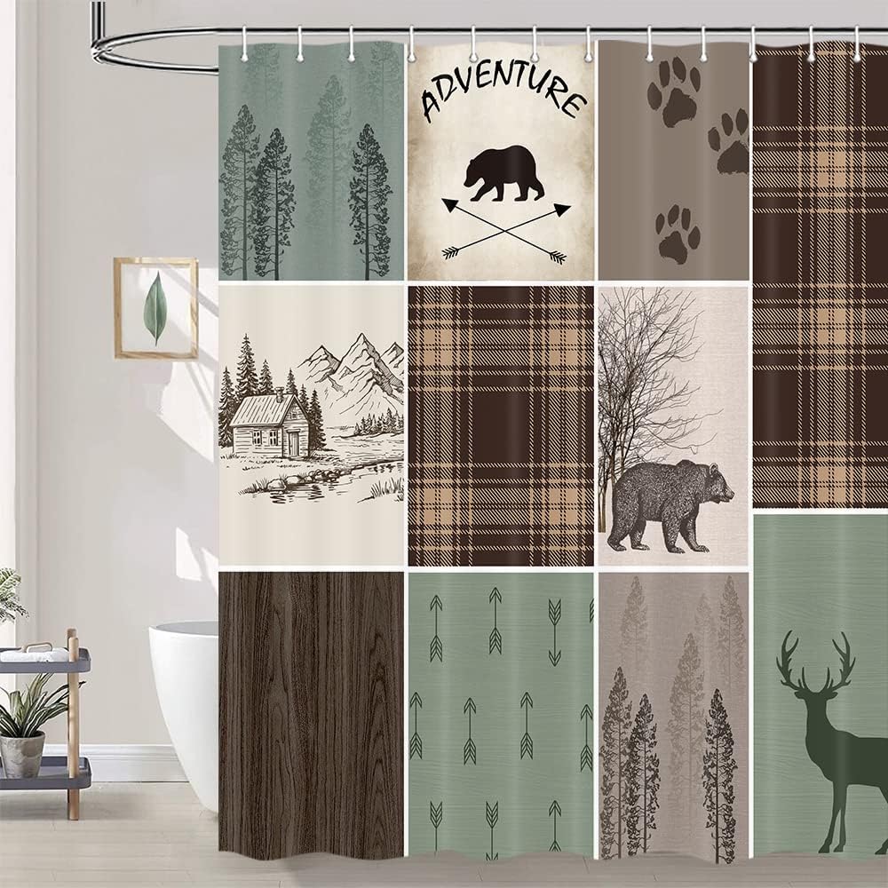 Rustic Lodge Bear Deer Hunting Shower Curtain With Plaid Check Adventure For Your Camping Bathroom - Image 3
