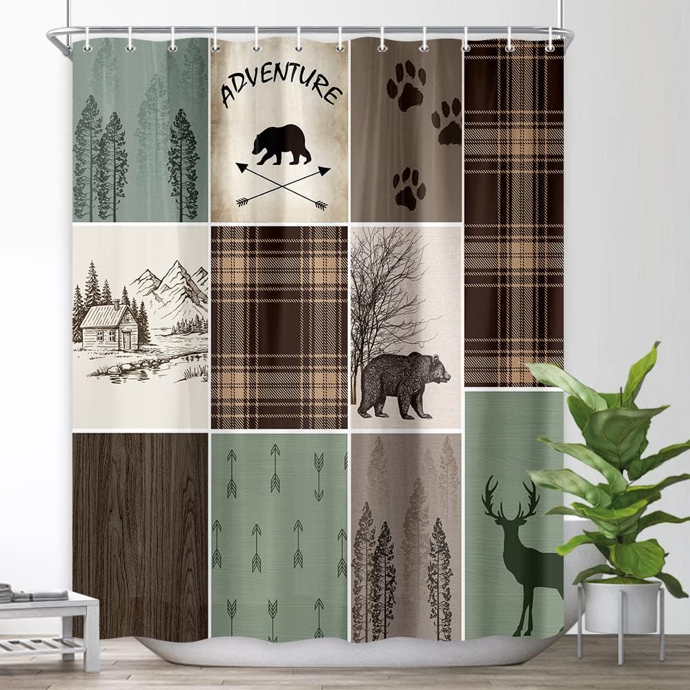 Rustic Lodge Bear Deer Hunting Shower Curtain With Plaid Check Adventure For Your Camping Bathroom - Image 4