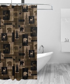 Rustic Lodge Bear Moose Trees Fabric Shower Curtain for Elegant Bathroom Decor