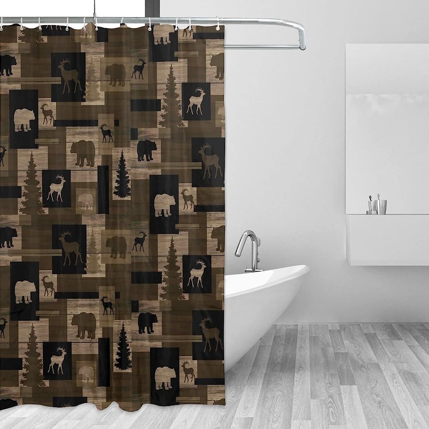 Rustic Lodge Bear Moose Trees Fabric Shower Curtain for Elegant Bathroom Decor