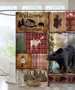 Rustic Lodge Bear Shower Curtain - Wildlife Country Bathroom Decor