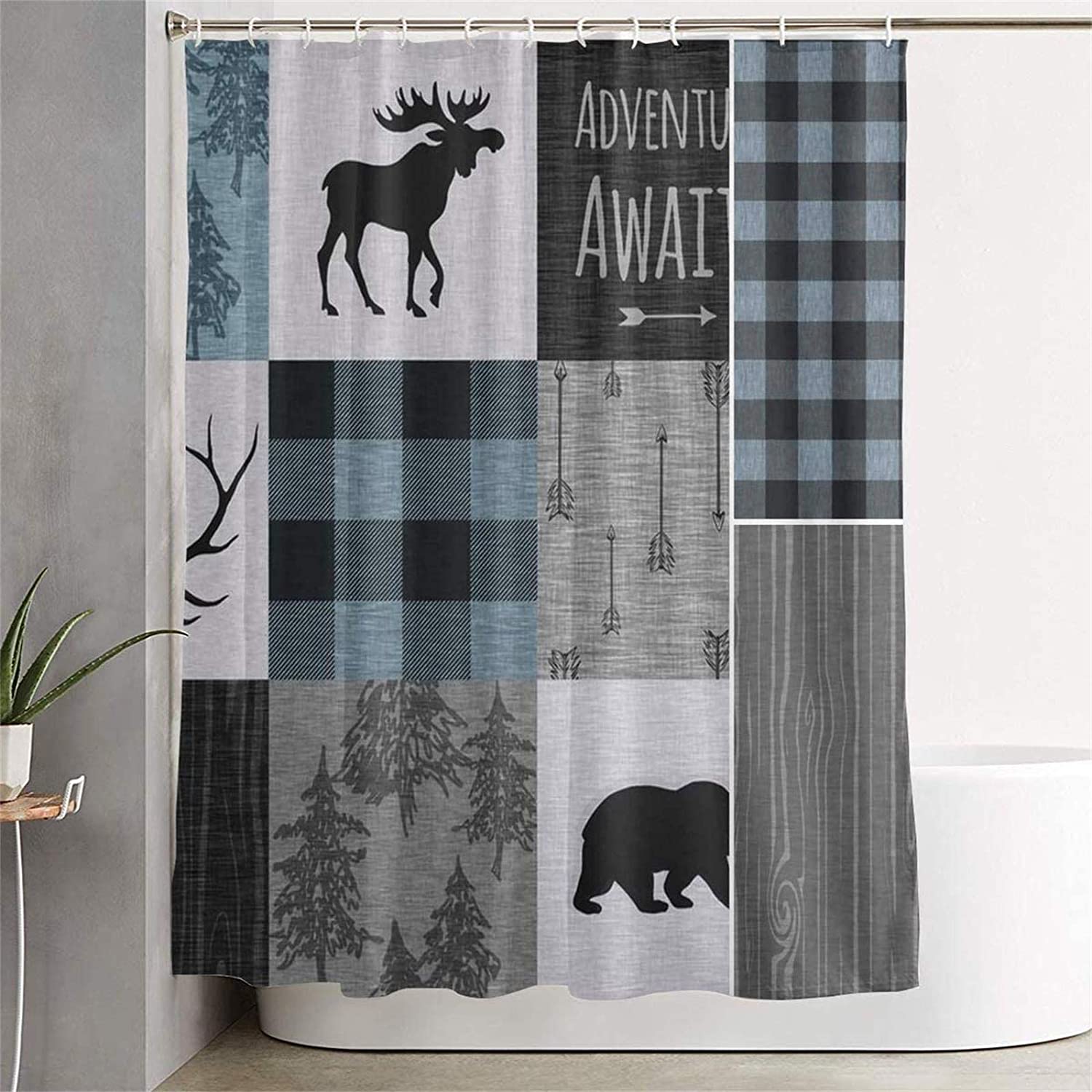 Rustic Lodge Cartoon Bear Moose Deer Shower Curtain For Decorative Bathroom