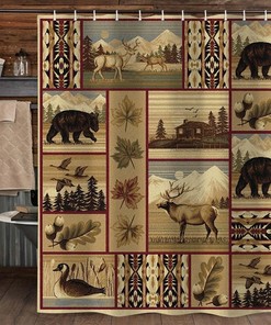 Rustic Lodge Shower Curtain - Bear Moose Safari Decor With Wild Duck Fall Maple Leaves Mountains Farmhouse