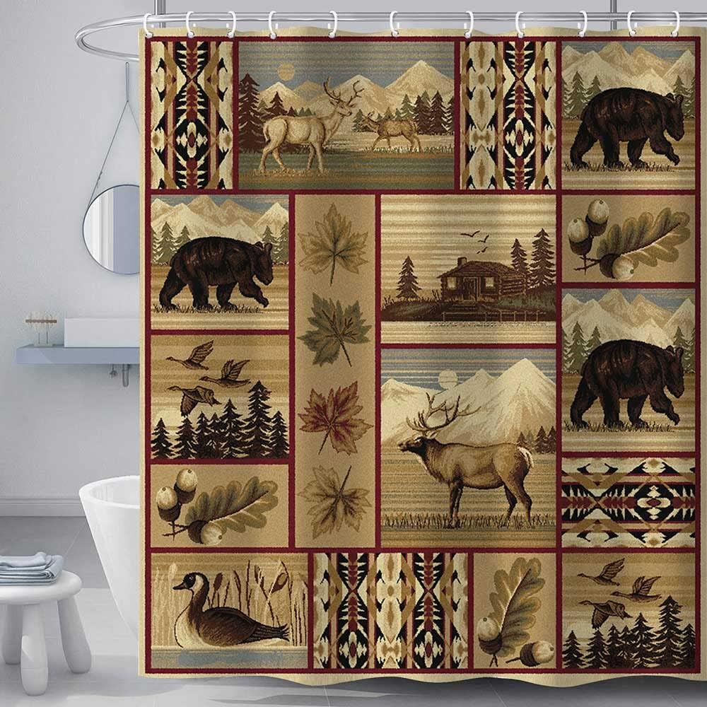 Rustic Lodge Shower Curtain - Bear Moose Safari Decor With Wild Duck Fall Maple Leaves Mountains Farmhouse - Image 2