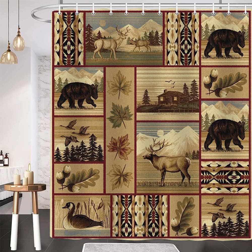 Rustic Lodge Shower Curtain - Bear Moose Safari Decor With Wild Duck Fall Maple Leaves Mountains Farmhouse - Image 3