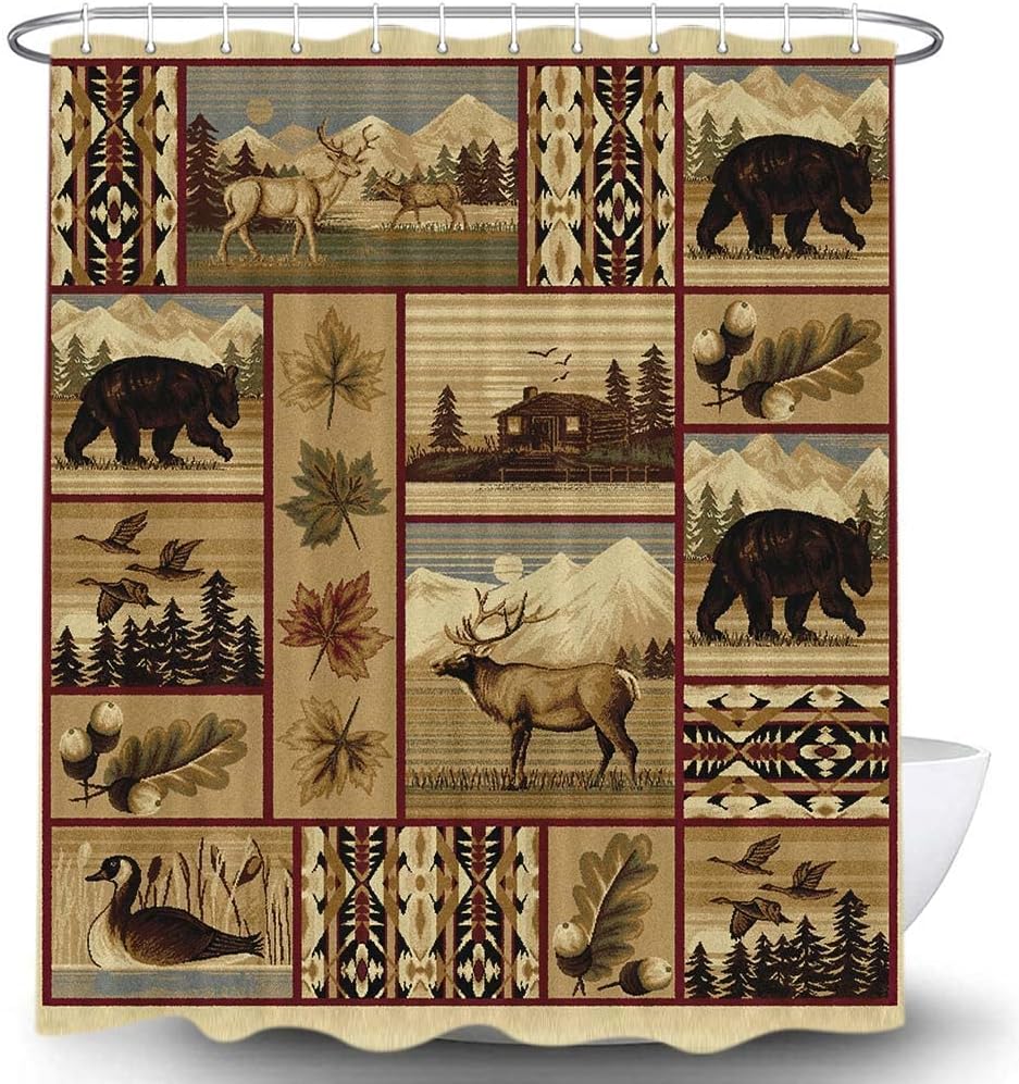 Rustic Lodge Shower Curtain - Bear Moose Safari Decor With Wild Duck Fall Maple Leaves Mountains Farmhouse - Image 4