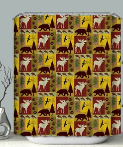 Rustic Lodge Shower Curtain With Bear Moose Fish Wildlife Print, Perfect For Nature Lovers