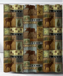 Rustic Lodge Shower Curtain with Bear Moose Deer Design - Farmhouse Bathroom Decoration