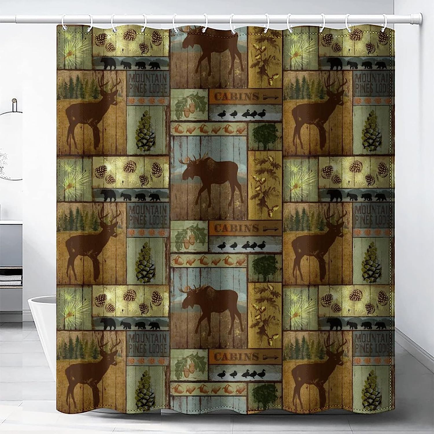 Rustic Lodge Shower Curtain with Bear Moose Deer Design - Farmhouse Bathroom Decoration