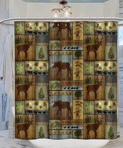 Rustic Lodge Shower Curtain with Bear Moose Deer Design - Farmhouse Bathroom Decoration