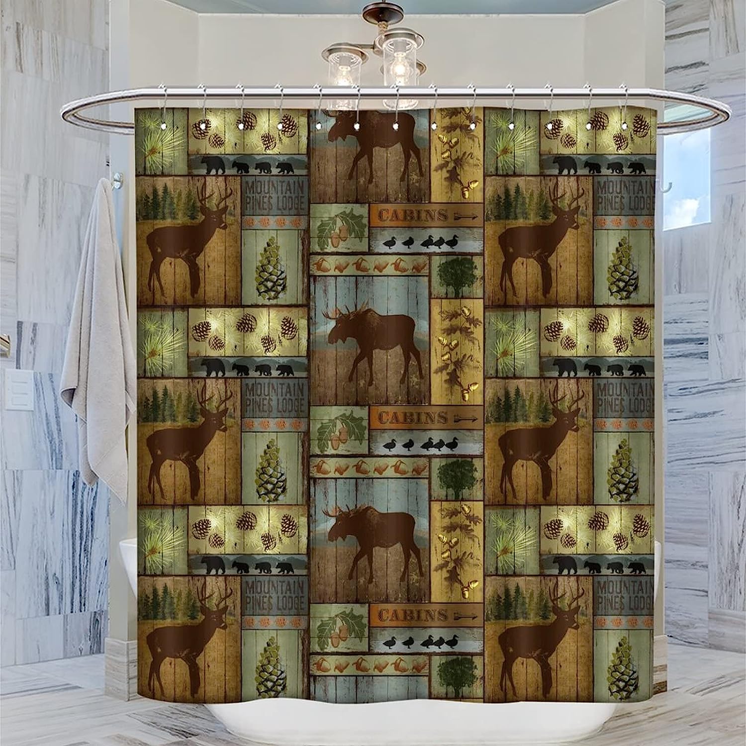Rustic Lodge Shower Curtain with Bear Moose Deer Design - Farmhouse Bathroom Decoration