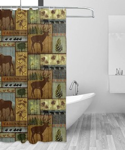 Rustic Lodge Shower Curtain with Bear Moose Deer Design - Farmhouse Bathroom Decoration