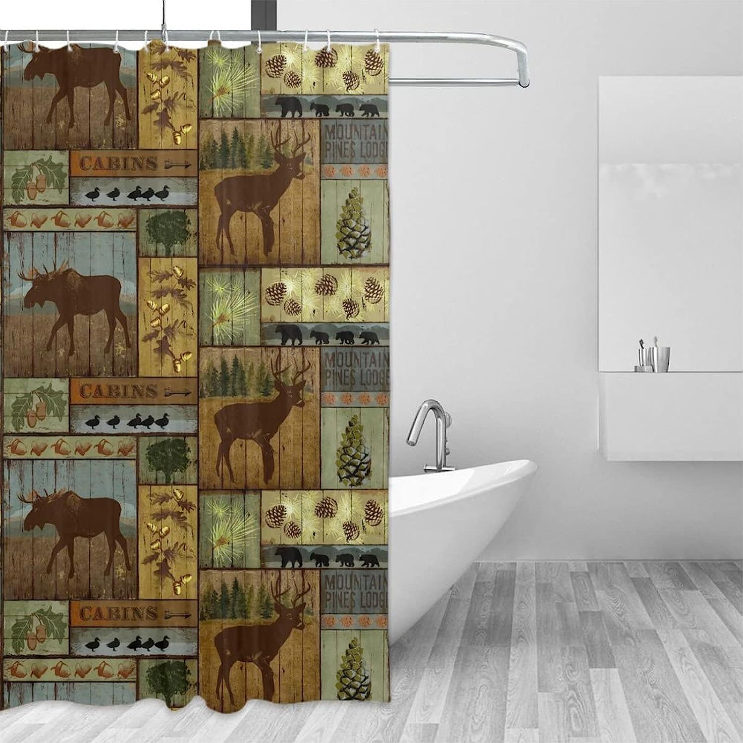 Rustic Lodge Shower Curtain with Bear Moose Deer Design - Farmhouse Bathroom Decoration