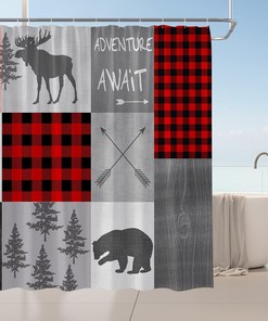 Rustic Lodge Shower Curtain with Buffalo Check Plaid and Wild Animal Prints