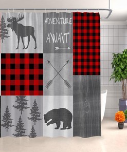 Rustic Lodge Shower Curtain with Buffalo Check Plaid and Wild Animal Prints