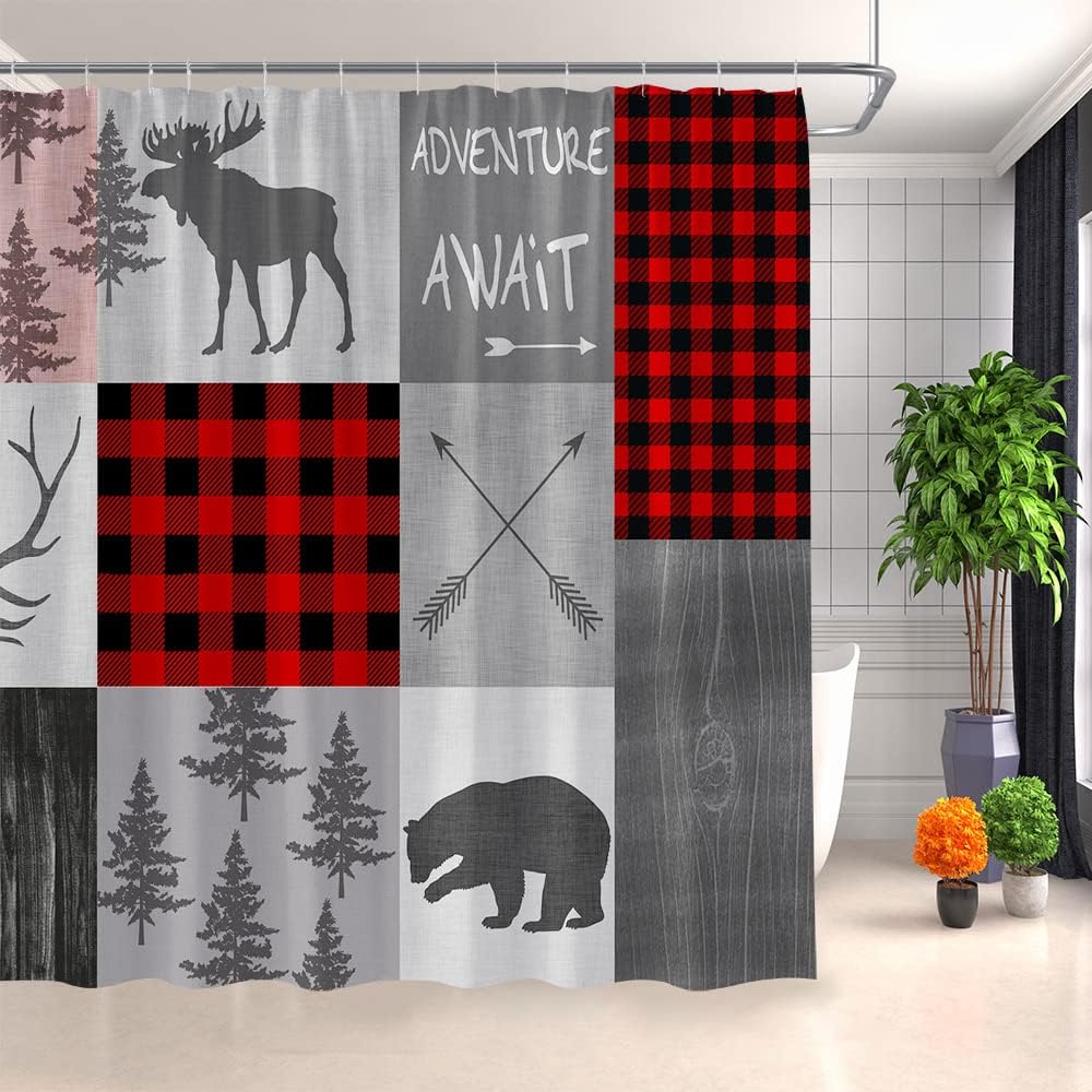 Rustic Lodge Shower Curtain with Buffalo Check Plaid and Wild Animal Prints