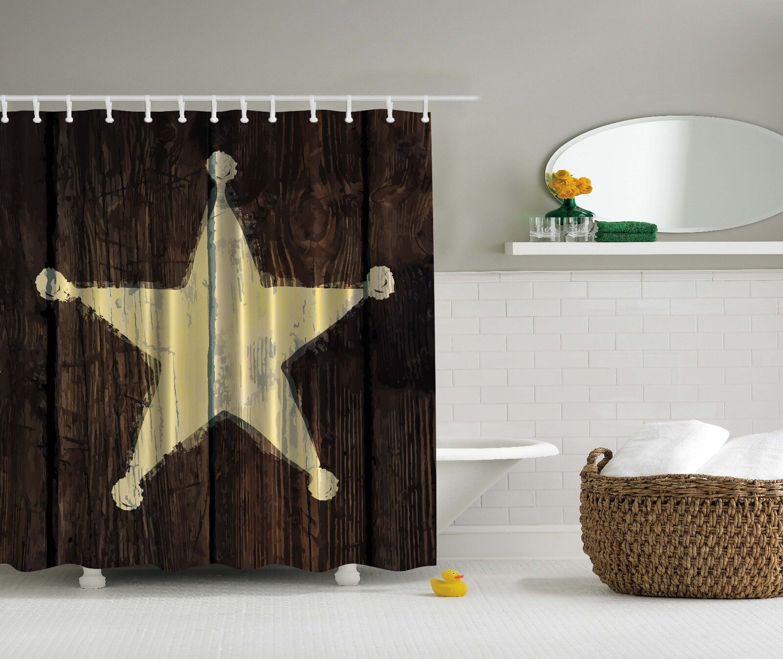 Rustic Lone Star Wooden Bath Shower Curtain, Southwestern Primitive Bathroom Decor with Quotes