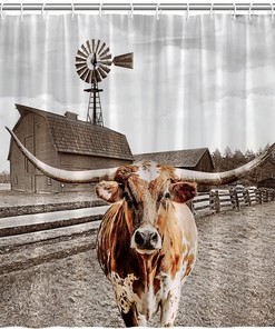 Rustic Longhorn Shower Curtain with Highland Cow, Windmill and Barn Farm Animal Scenery, Funny Bull Western Décor