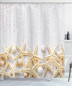 Rustic Marine Home Decor Image of Seashells on Timber Pattern Shower Curtain