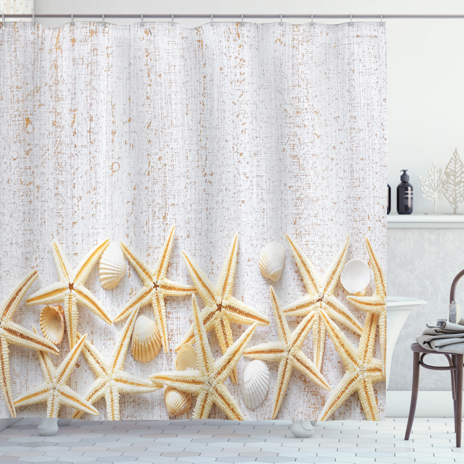 Rustic Marine Home Decor Image of Seashells on Timber Pattern Shower Curtain