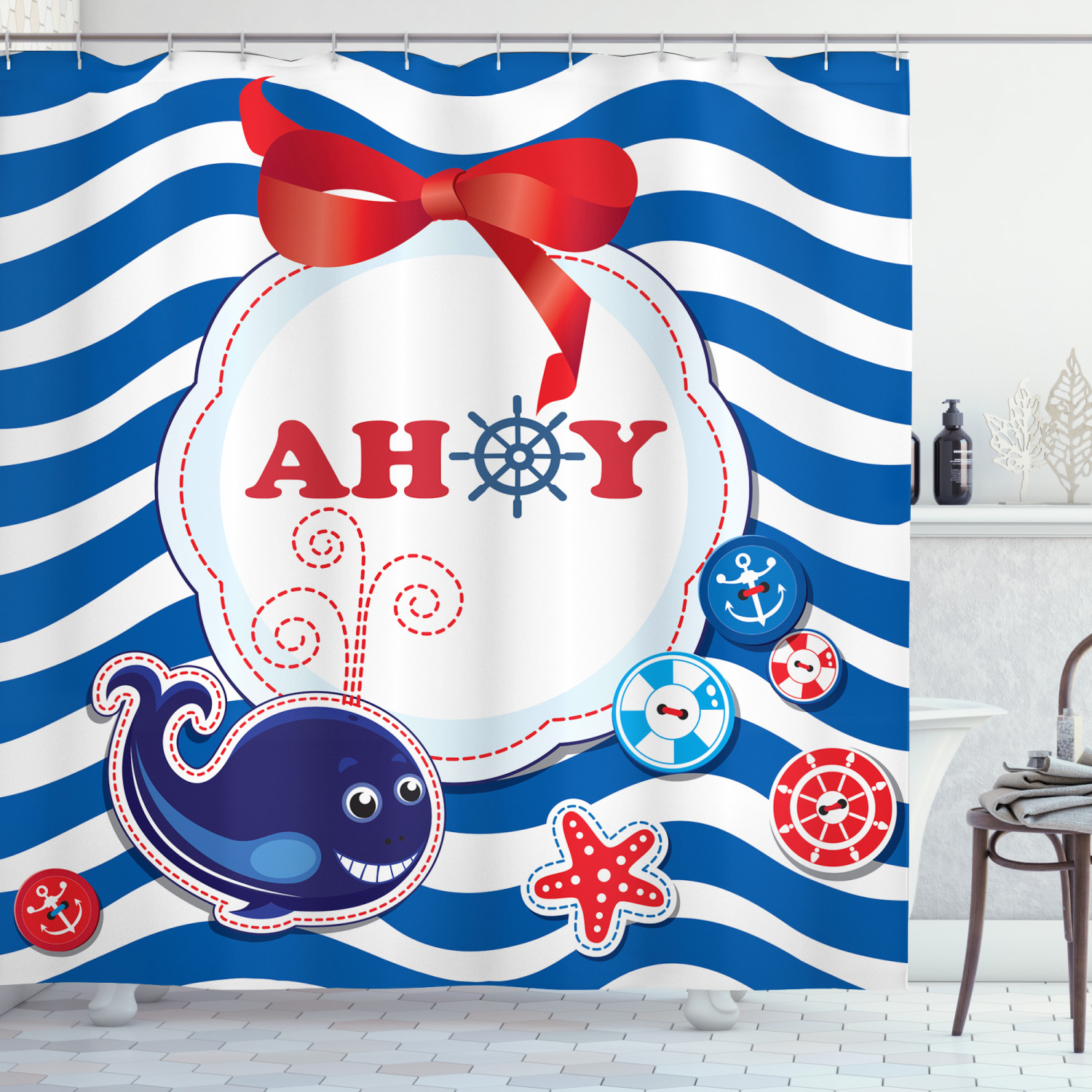 Rustic Maritime Whale Anchor and Ahoy Print Shower Curtain for Bathroom