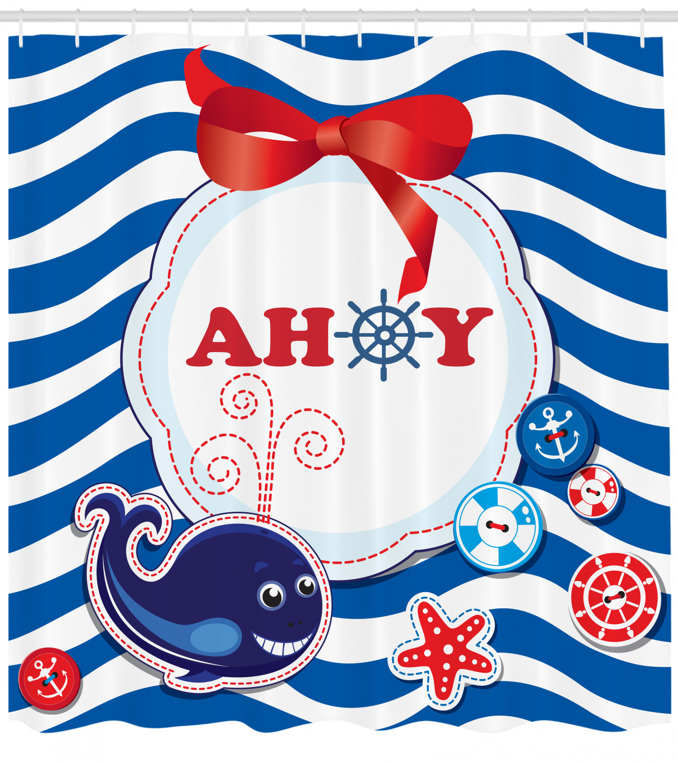 Rustic Maritime Whale Anchor and Ahoy Print Shower Curtain for Bathroom