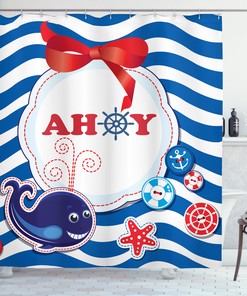 Rustic Maritime Whale Anchor and Ahoy Print Shower Curtain for Bathroom