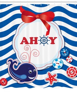 Rustic Maritime Whale Anchor and Ahoy Print Shower Curtain for Bathroom