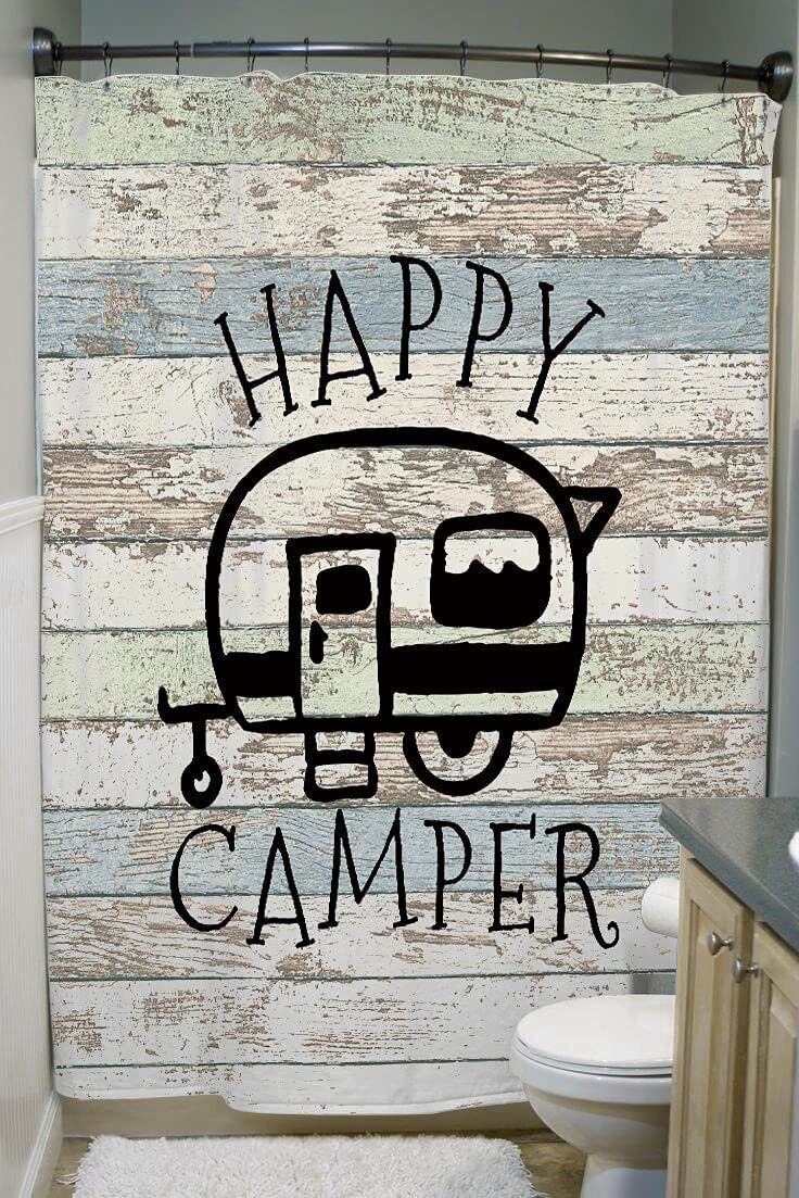 Rustic Moose Bear Antlers Happy Camping Shower Curtain For A Cozy Farmhouse Bathroom