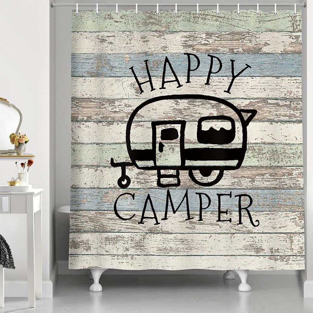 Rustic Moose Bear Antlers Happy Camping Shower Curtain For A Cozy Farmhouse Bathroom