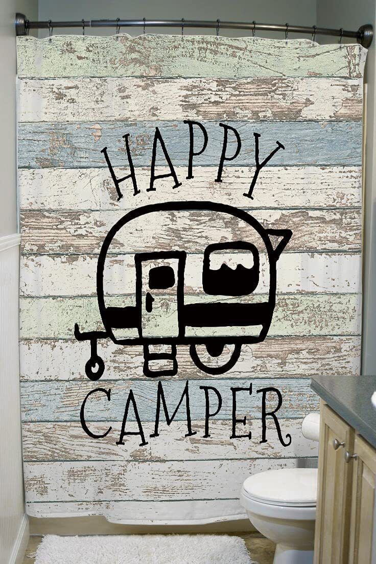 Rustic Moose Bear Antlers Happy Camping Shower Curtain For A Cozy Farmhouse Bathroom