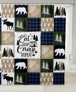 Rustic Moose Bear Antlers Happy Camping Shower Curtain For A Farmhouse Bathroom 
