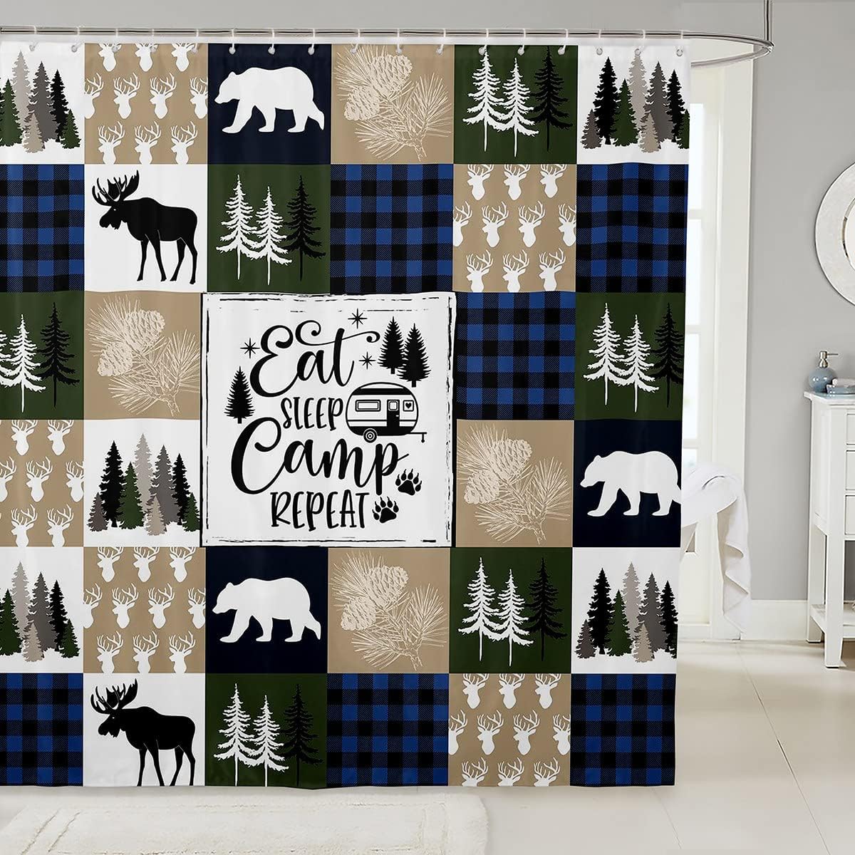Rustic Moose Bear Antlers Happy Camping Shower Curtain For A Farmhouse Bathroom