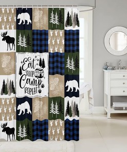 Rustic Moose Bear Antlers Happy Camping Shower Curtain For A Farmhouse Bathroom