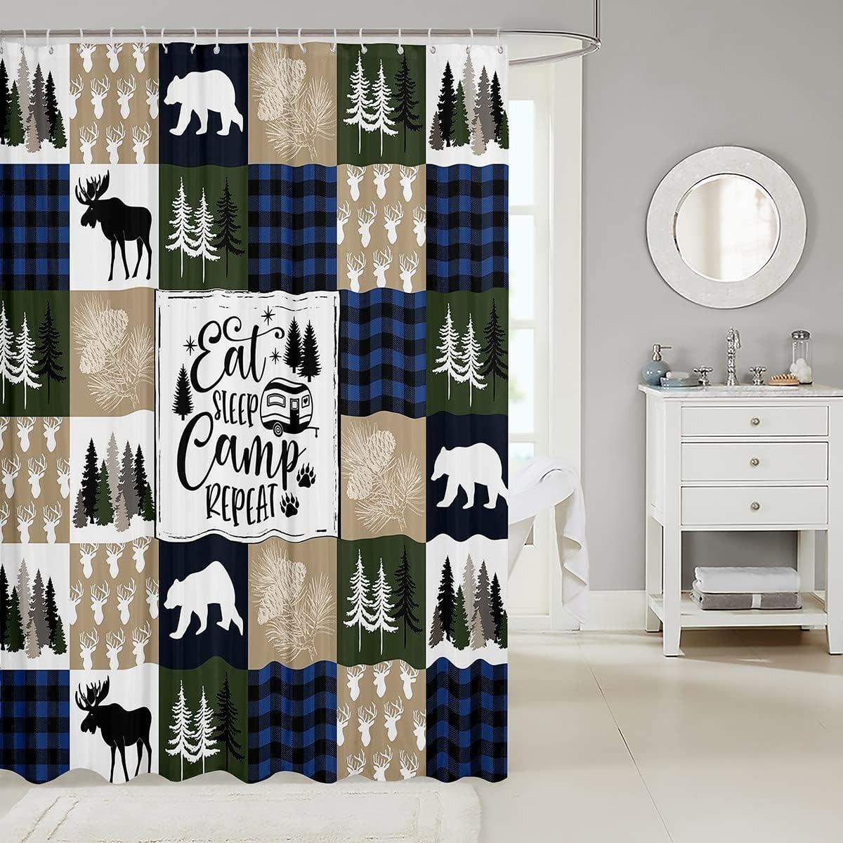 Rustic Moose Bear Antlers Happy Camping Shower Curtain For A Farmhouse Bathroom