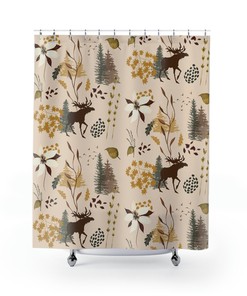 Rustic Moose and Cabin Print Shower Curtain for Bathroom