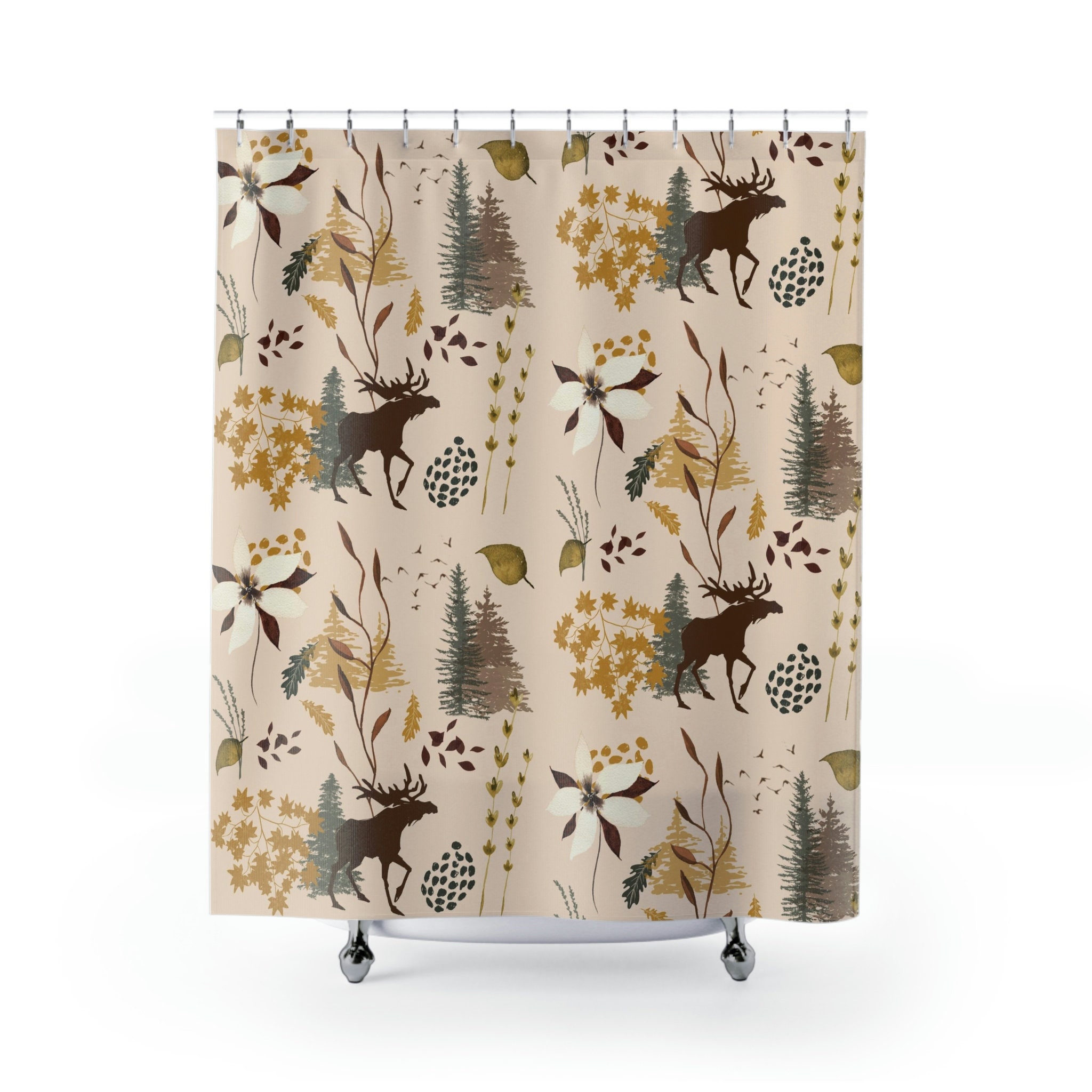 Rustic Moose and Cabin Print Shower Curtain for Bathroom