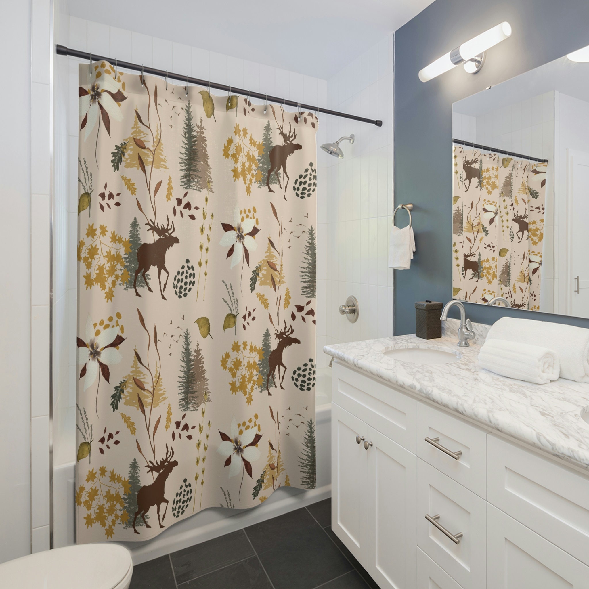Rustic Moose and Cabin Print Shower Curtain for Bathroom