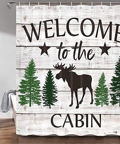 Rustic Moose and Tree Shower Curtain, Country Style Bathroom Decor 
