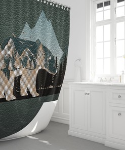 Rustic Mountains and Plaid Pattern Forest Shower Curtain for Hunting and Outdoors Enthusiasts