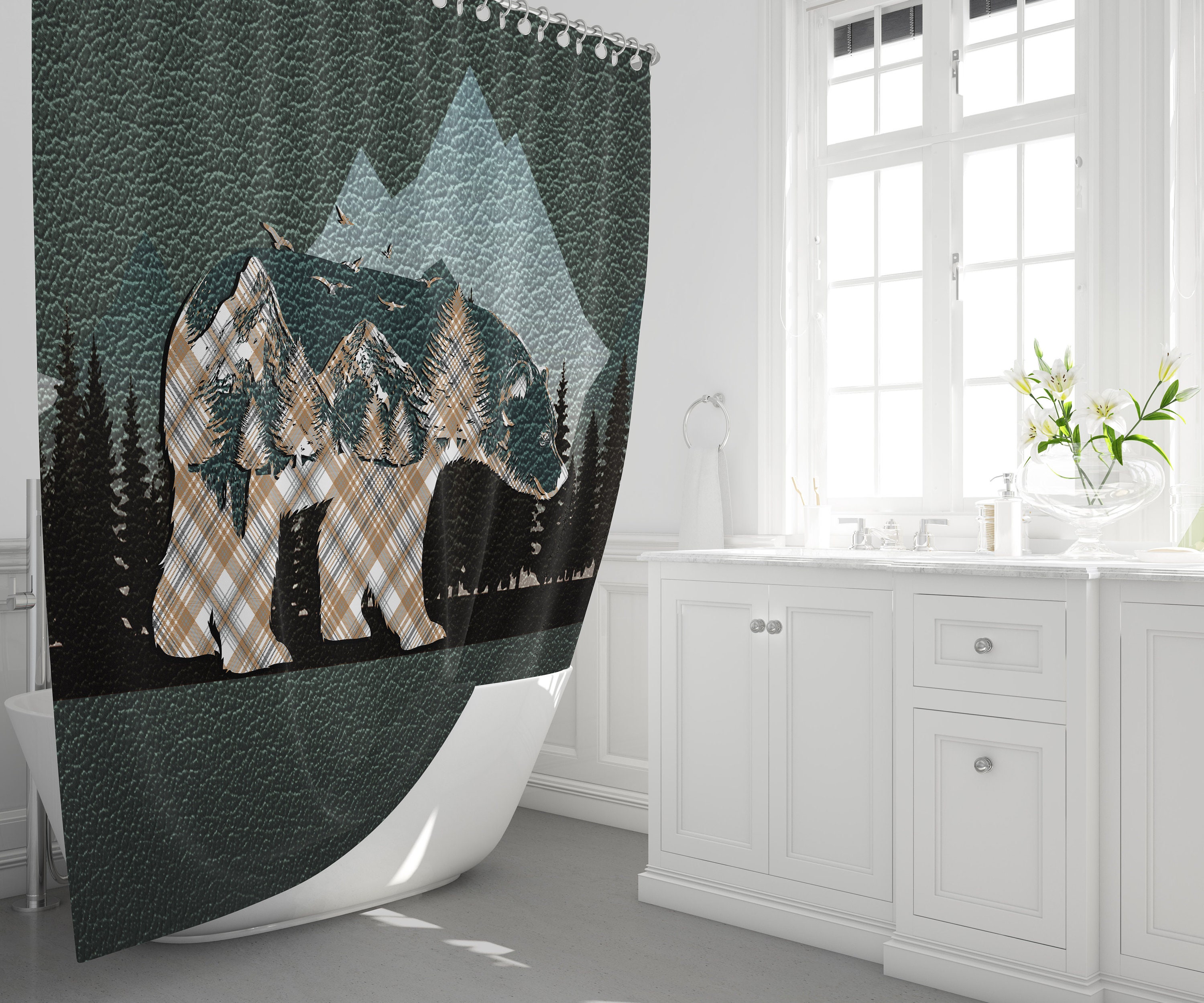 Rustic Mountains and Plaid Pattern Forest Shower Curtain for Hunting and Outdoors Enthusiasts