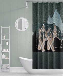 Rustic Mountains and Plaid Pattern Forest Shower Curtain for Hunting and Outdoors Enthusiasts