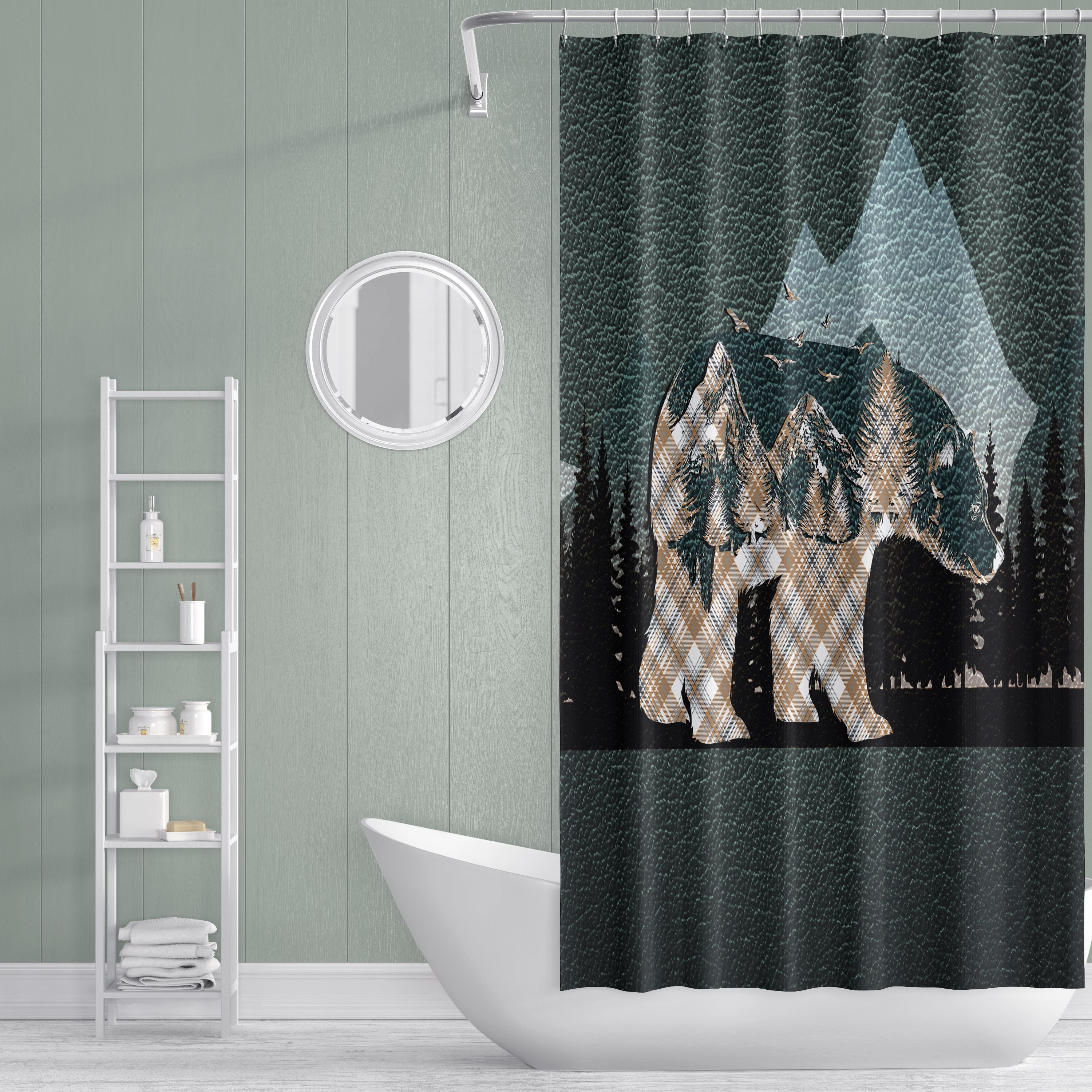 Rustic Mountains and Plaid Pattern Forest Shower Curtain for Hunting and Outdoors Enthusiasts