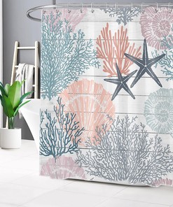 Rustic Nautical Coastal Shower Curtain, Starfish Seashell And Corals On Vintage Wooden Board Fabric