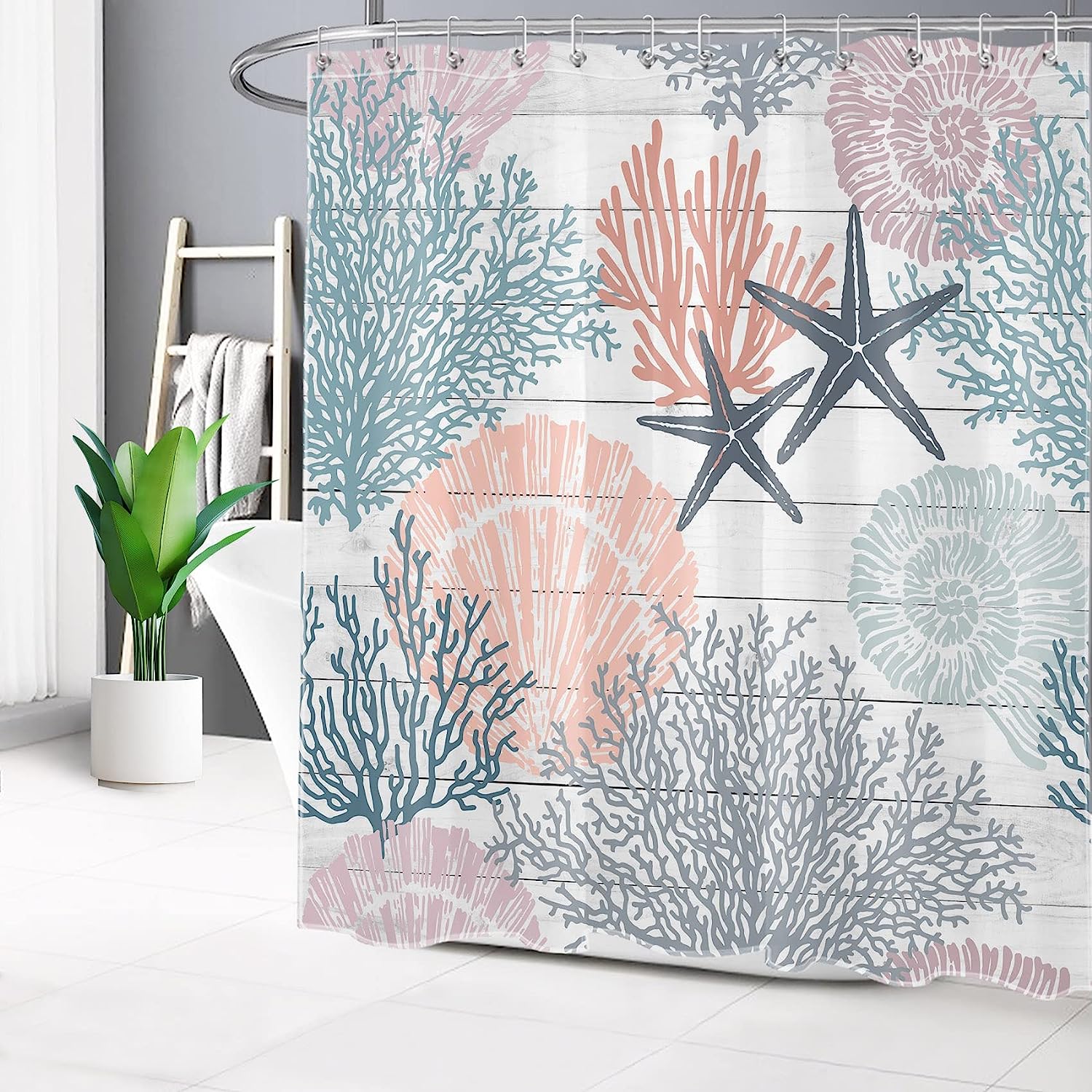 Rustic Nautical Coastal Shower Curtain, Starfish Seashell And Corals On Vintage Wooden Board Fabric